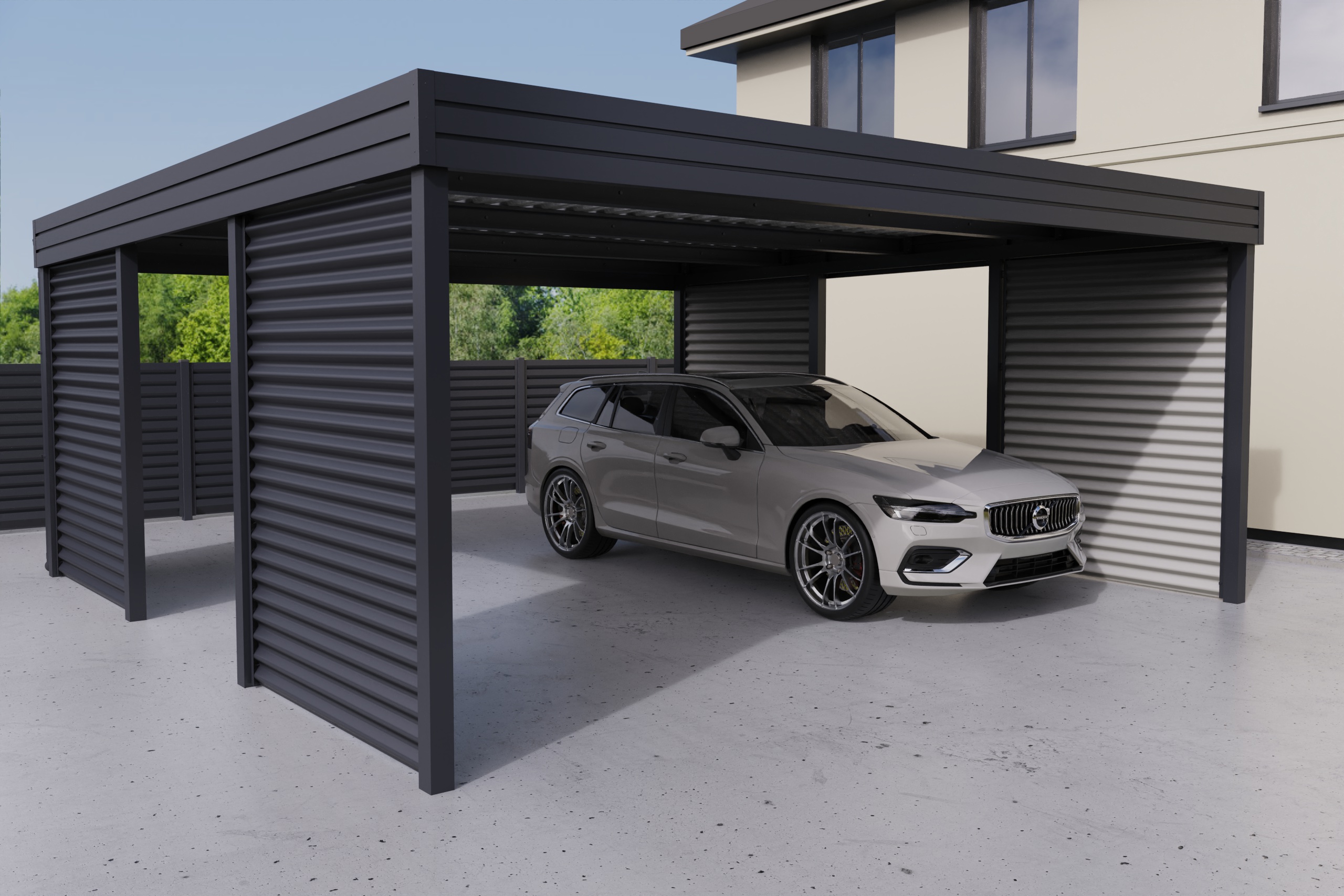 Doppel-Carport mit gewellten Seitenwänden, bietet Schutz für zwei Fahrzeuge