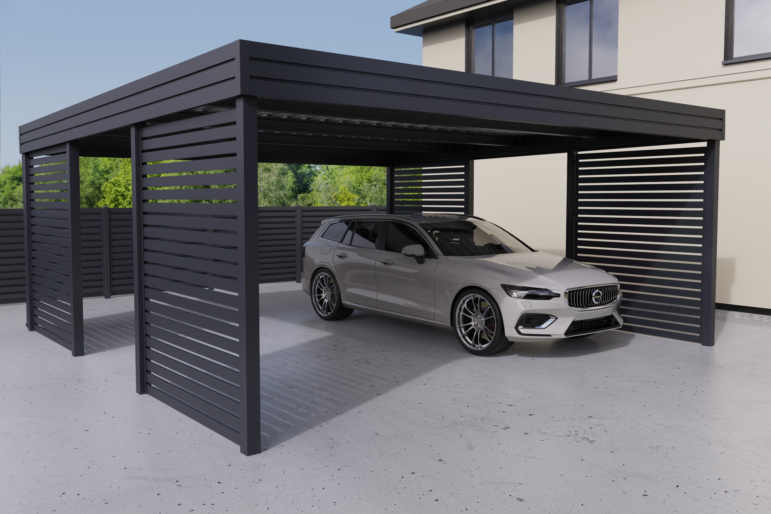 Doppel-Carport mit Premium Palisadenwand