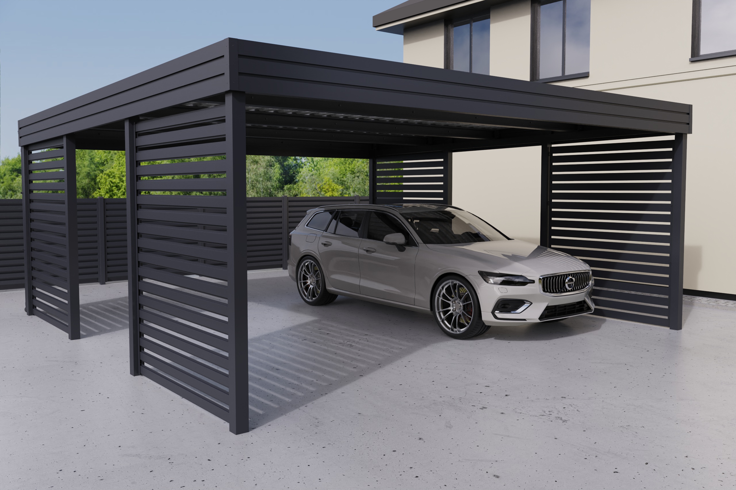 Doppelcarport mit Palisadenwand