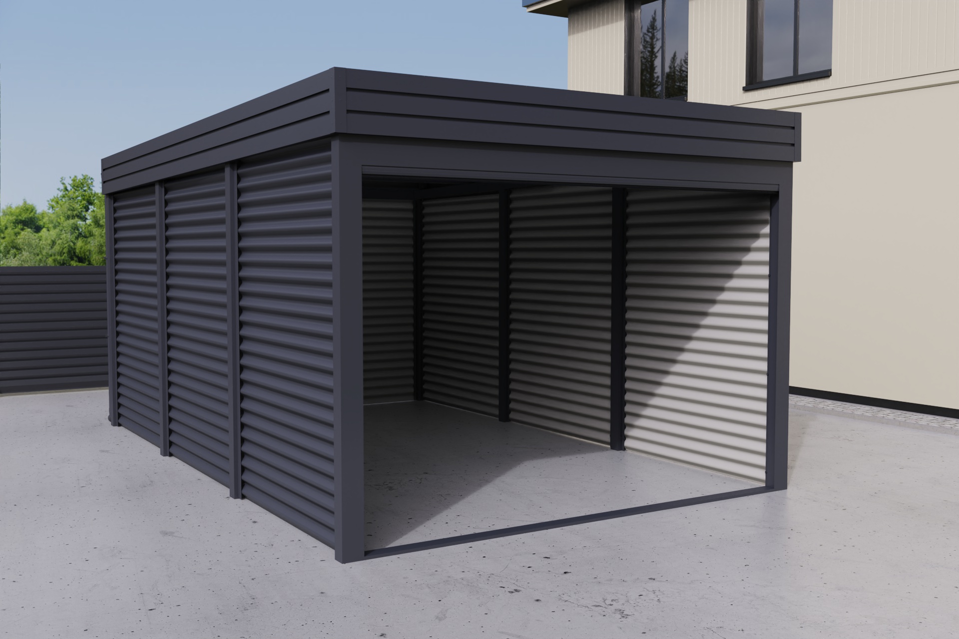 Einzelgarage mit Wänden aus profiliertem Stahl vom Typ Welle