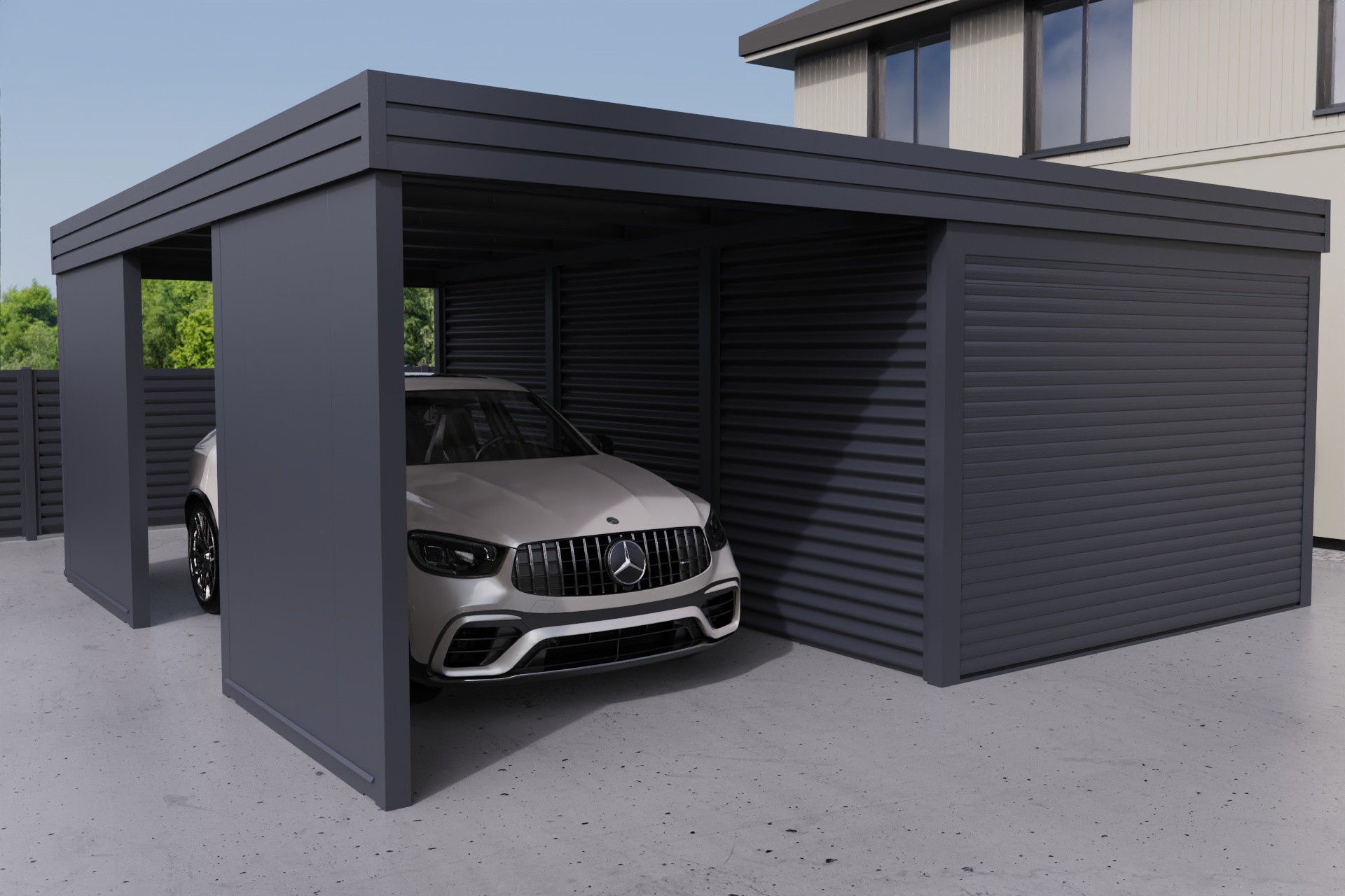 Carport mit integrierter Garage aus Wellblech