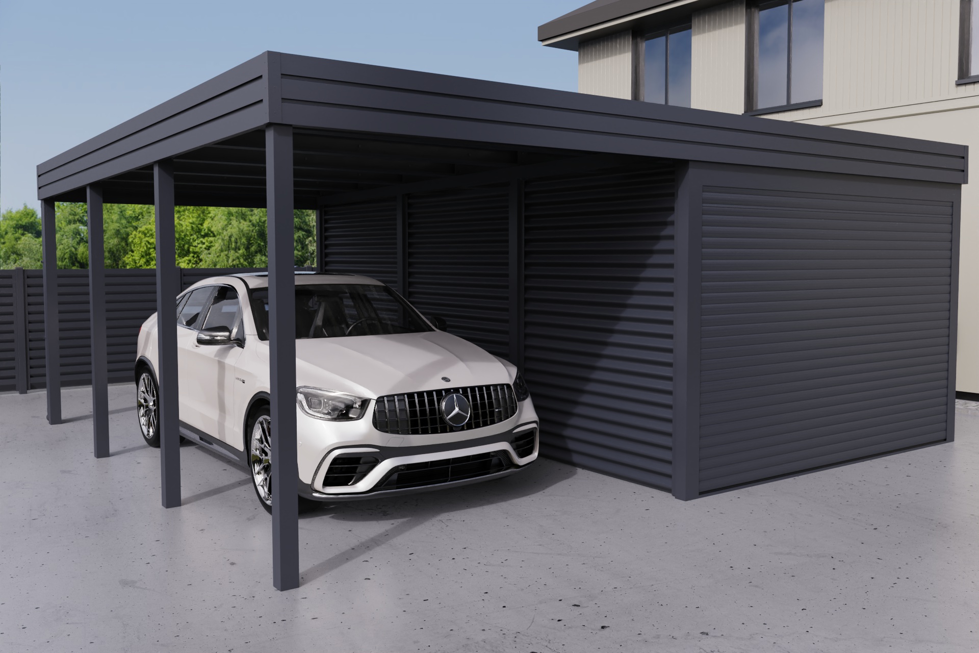 Carport mit integrierter Garage aus Wellblech