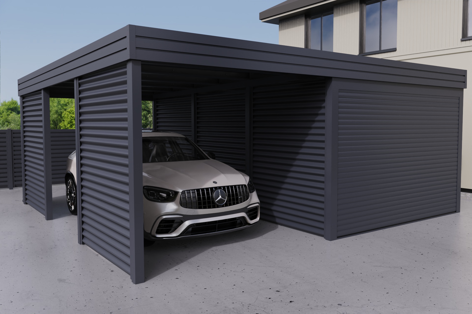 Carport mit integrierter Garage aus Wellblech