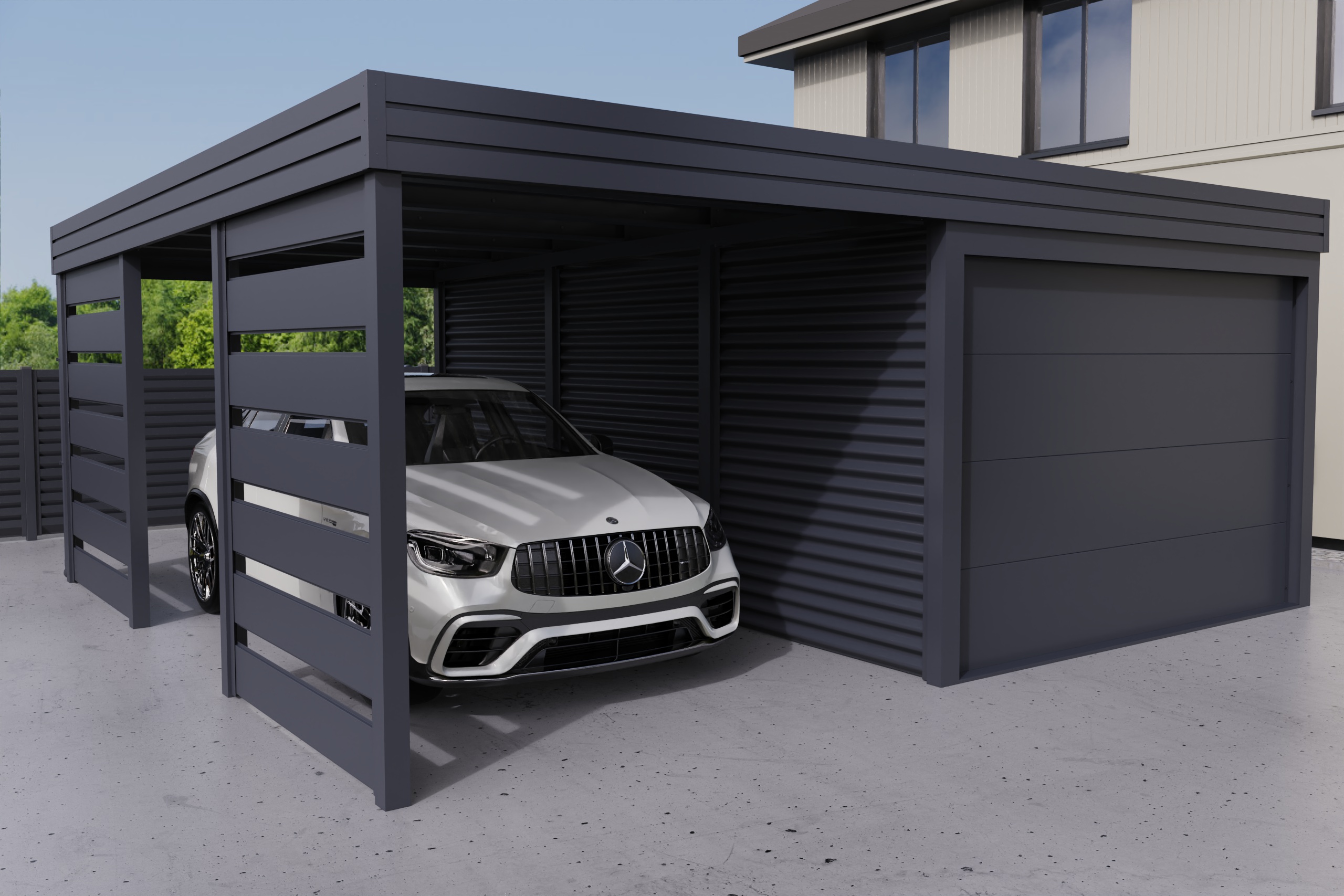 Carport mit integrierter Garage aus Wellblech