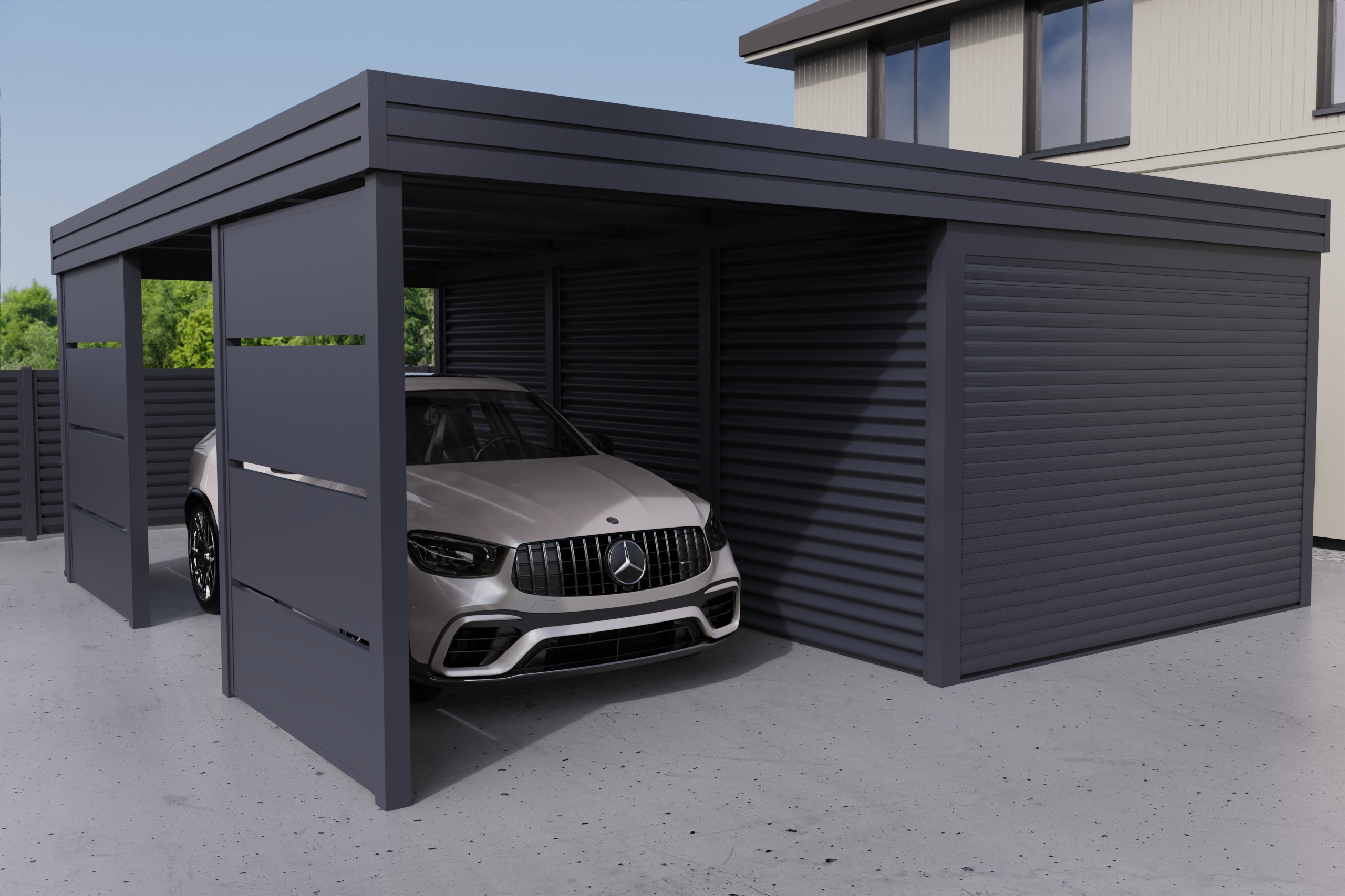 Carport mit integrierter Garage aus Wellblech