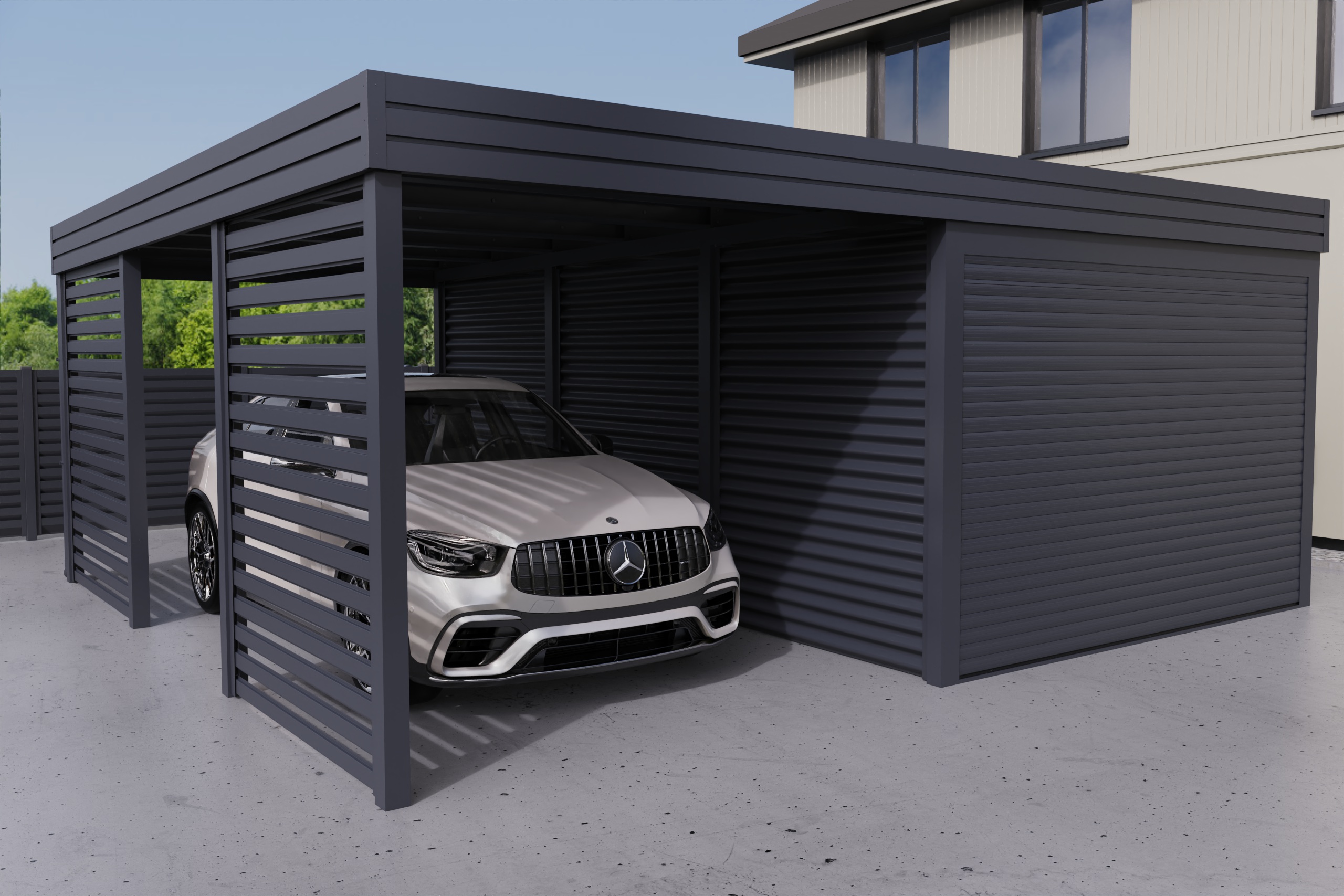Carport mit integrierter Garage aus Wellblech