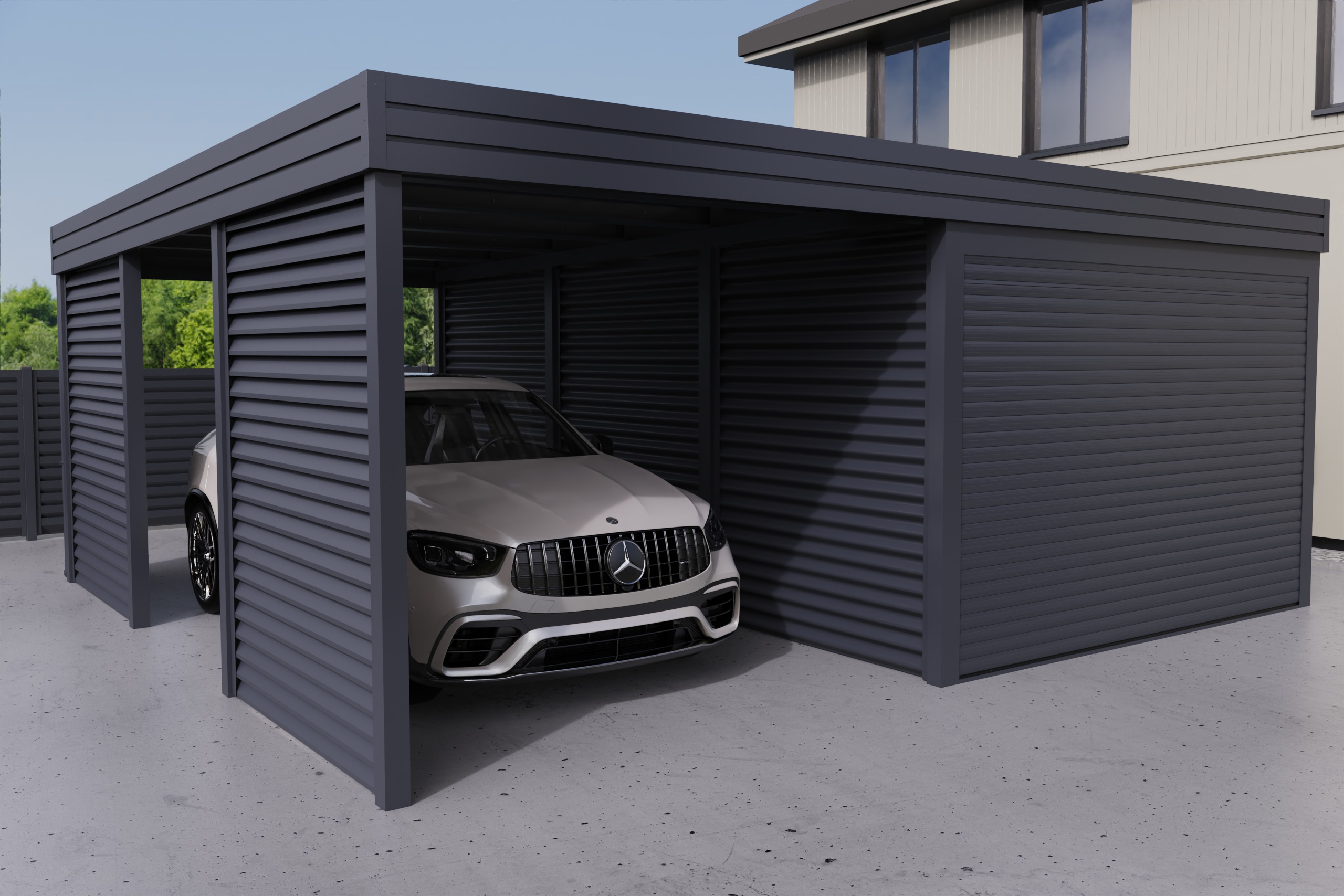 Carport mit integrierter Garage aus Wellblech