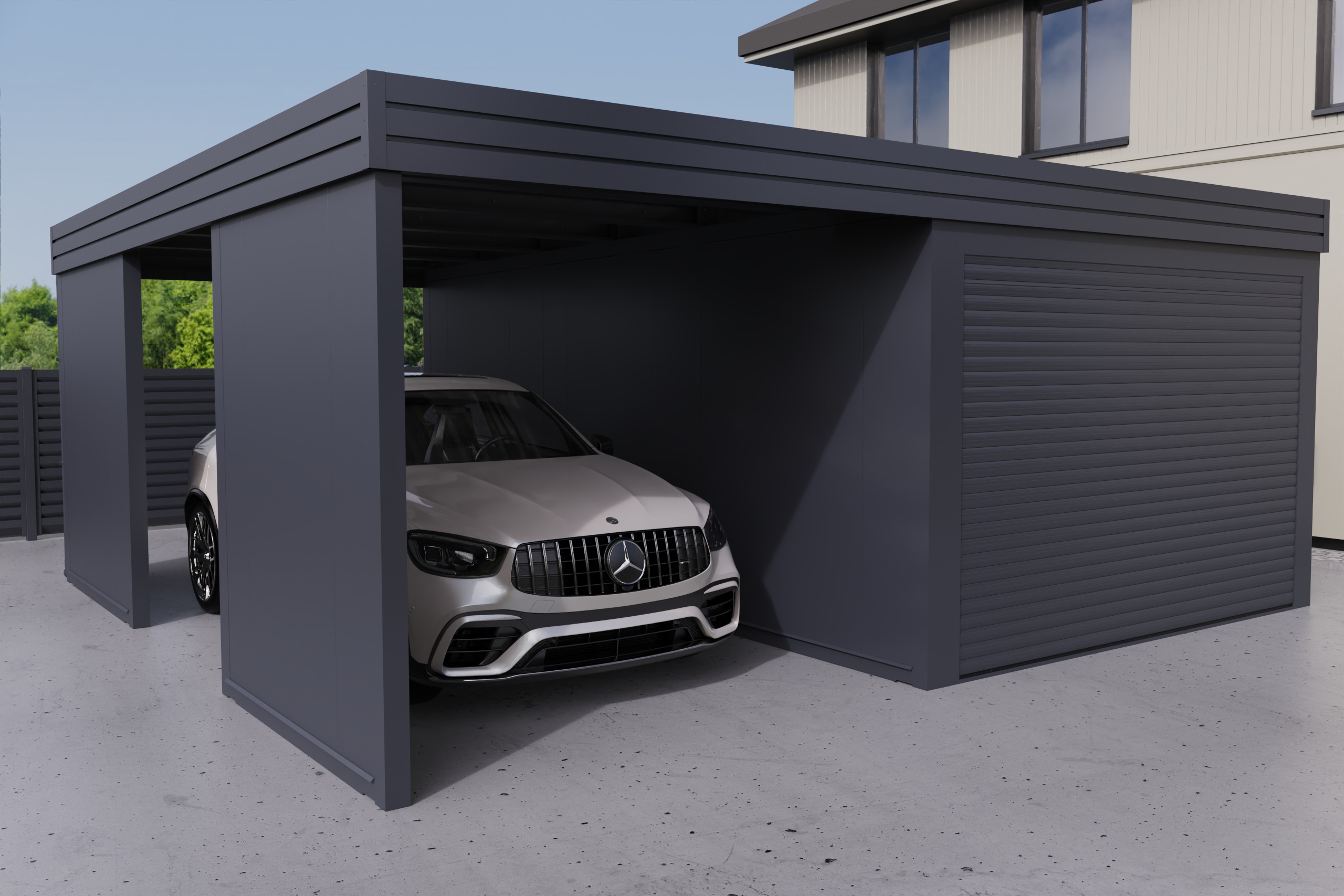Carport mit integrierter Garage aus PIR-Platte