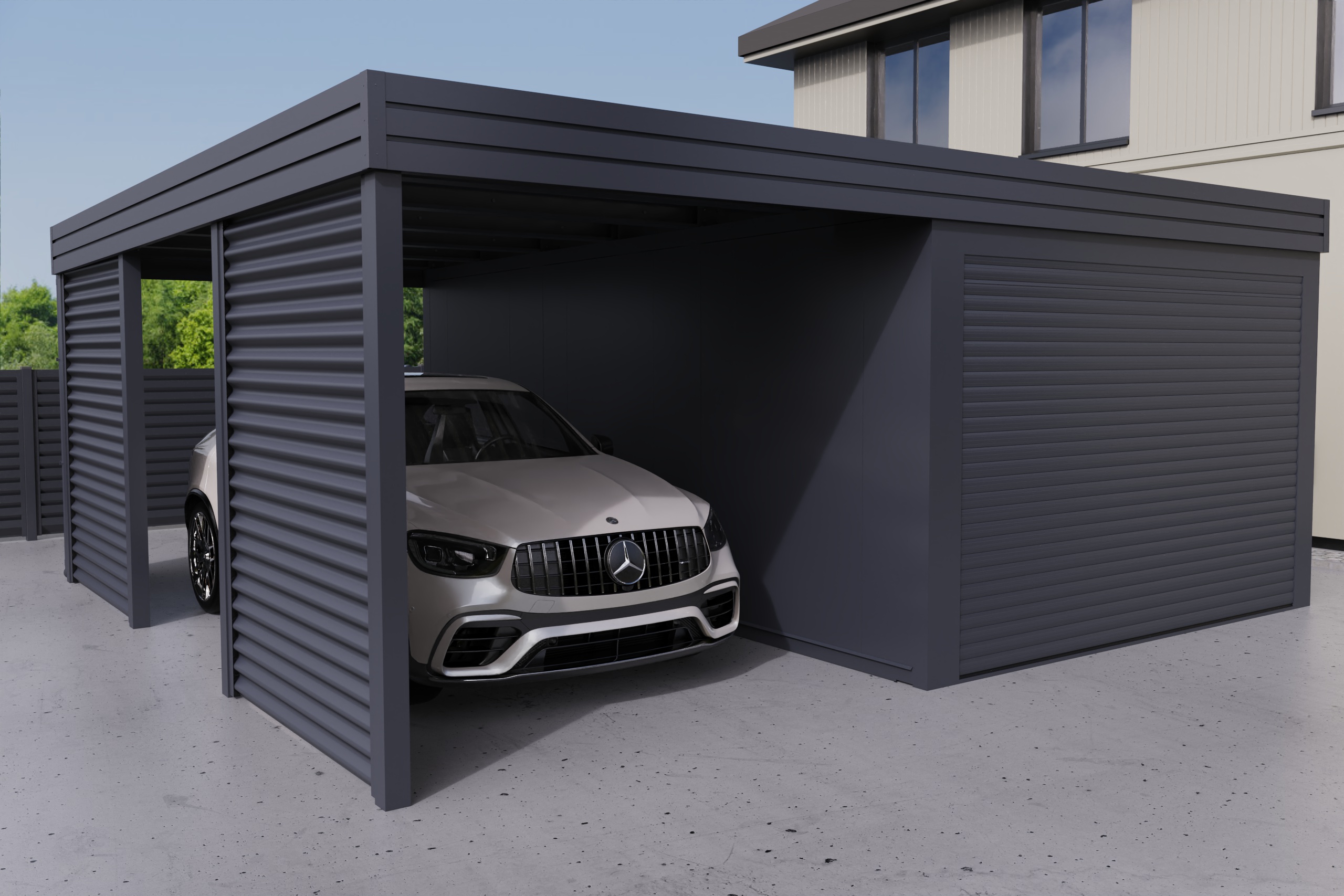 Carport mit integrierter Garage aus PIR-Platte