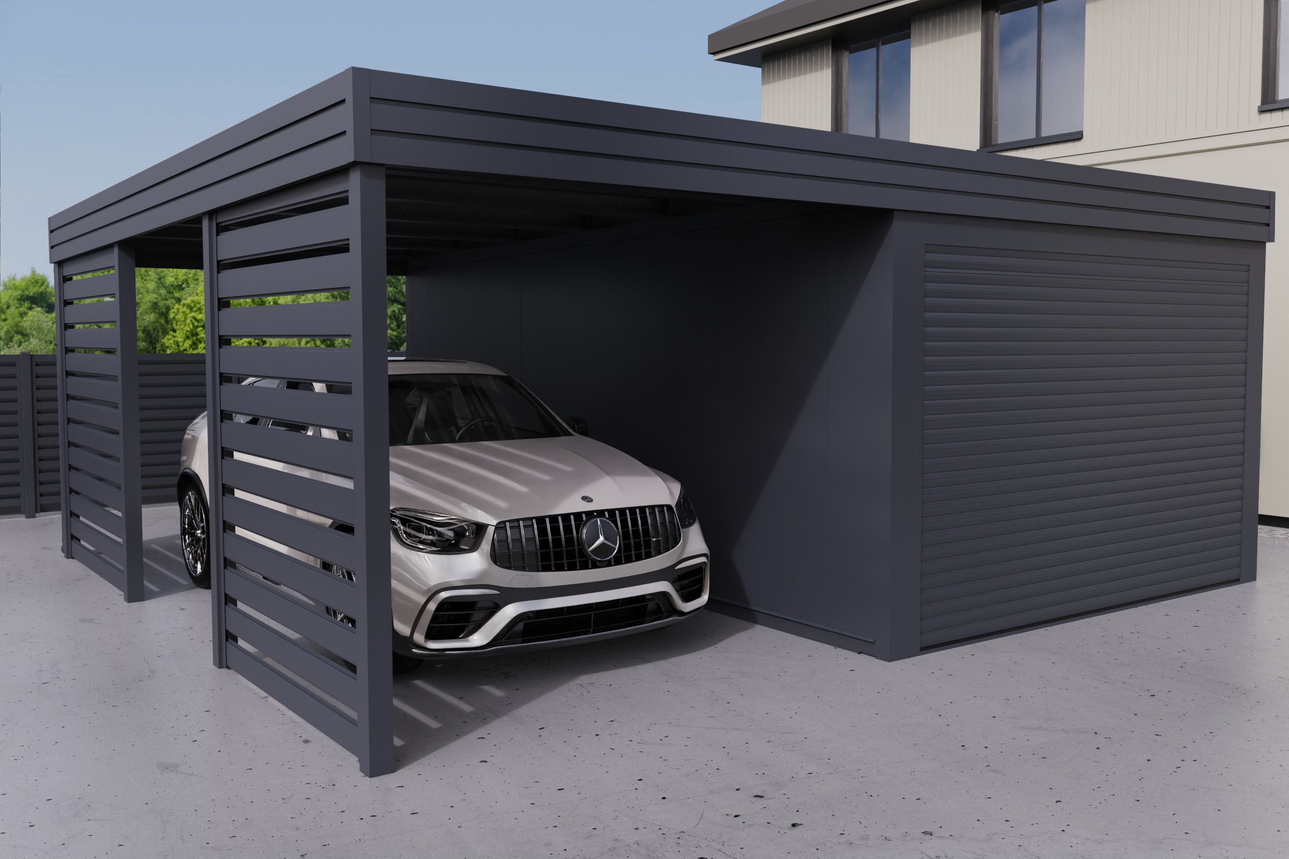 Carport mit integrierter Garage aus PIR-Platte