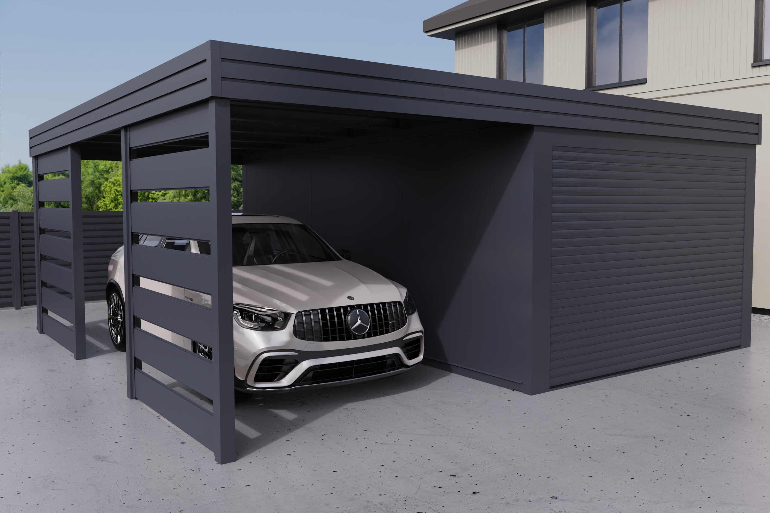 Carport mit integrierter Garage aus PIR-Platte