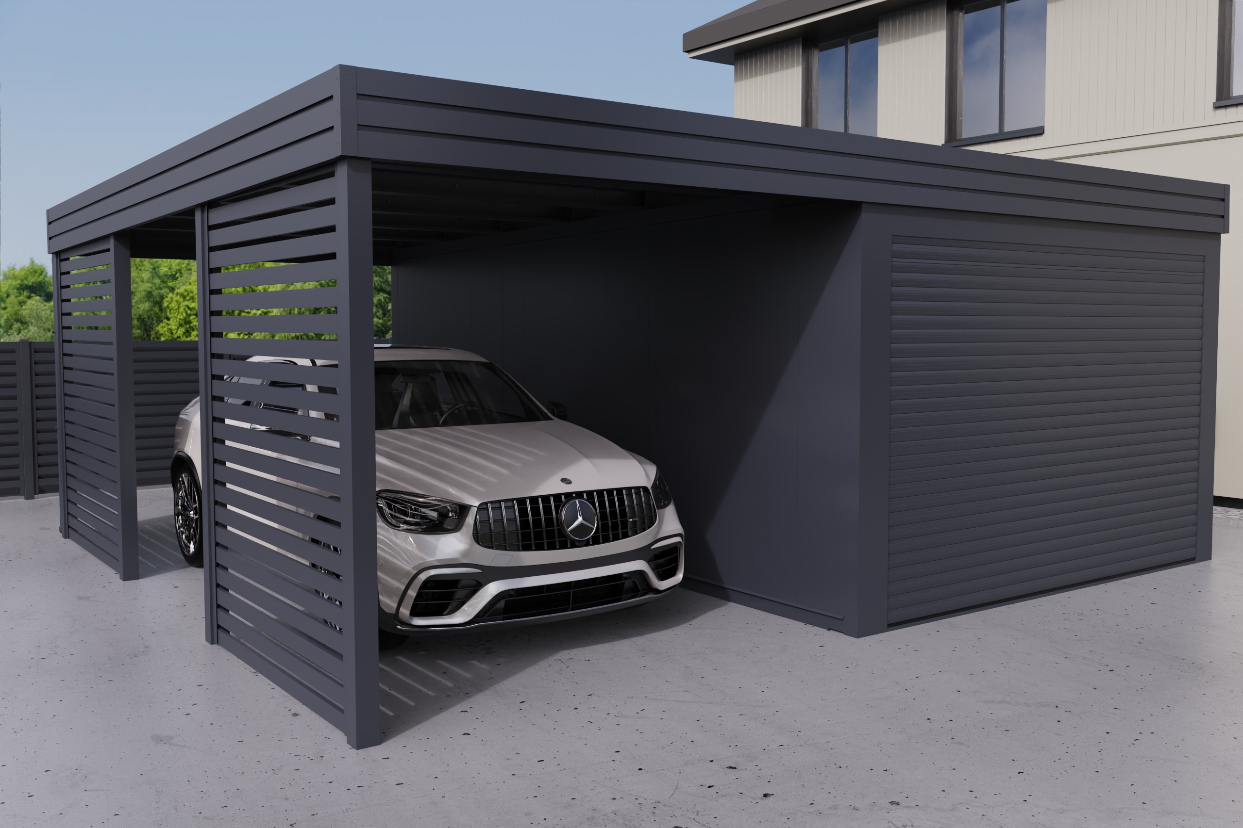 Carport mit integrierter Garage aus PIR-Platte