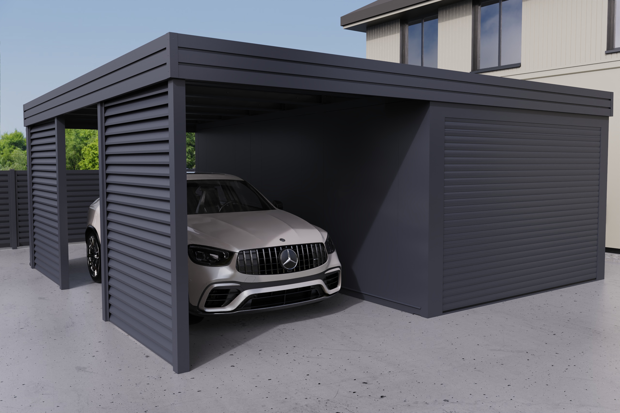Carport mit integrierter Garage aus PIR-Platte