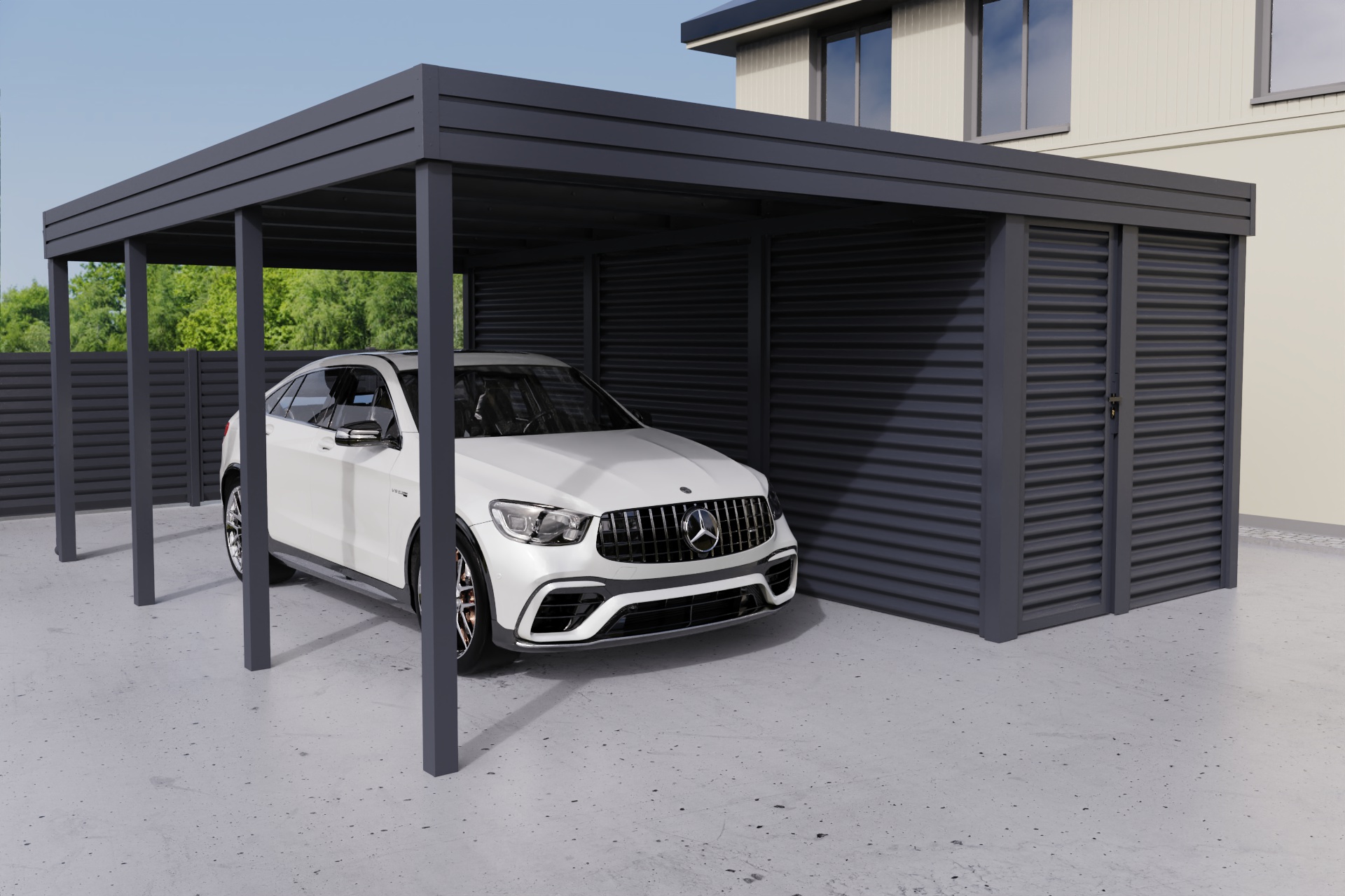 Einzelcarport mit seitlichem Abstellraum
          aus profiliertem Stahl - Wellblech