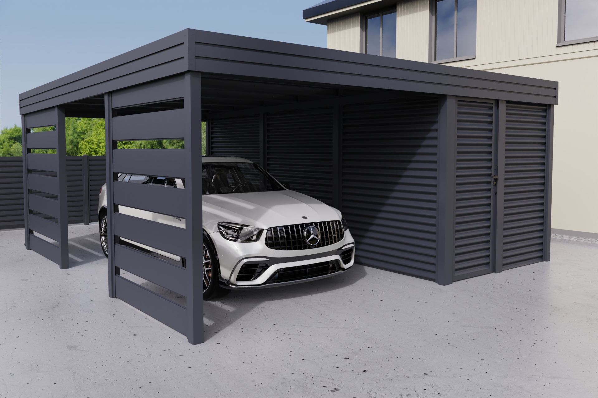 Einzelcarport mit seitlichem Abstellraum
          aus profiliertem Stahl - Wellblech