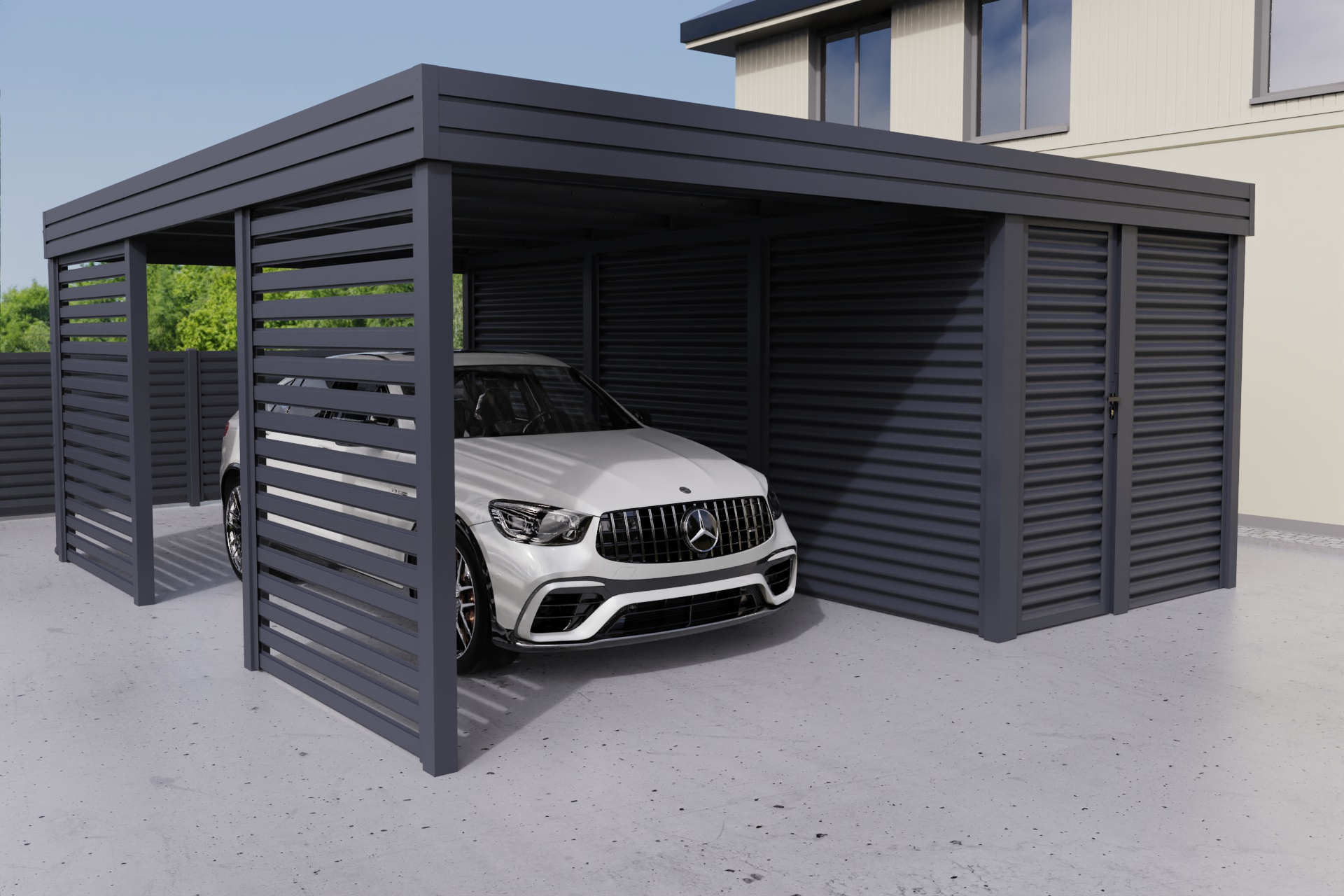 Einzelcarport mit seitlichem Abstellraum
                    aus profiliertem Stahl - Wellblech