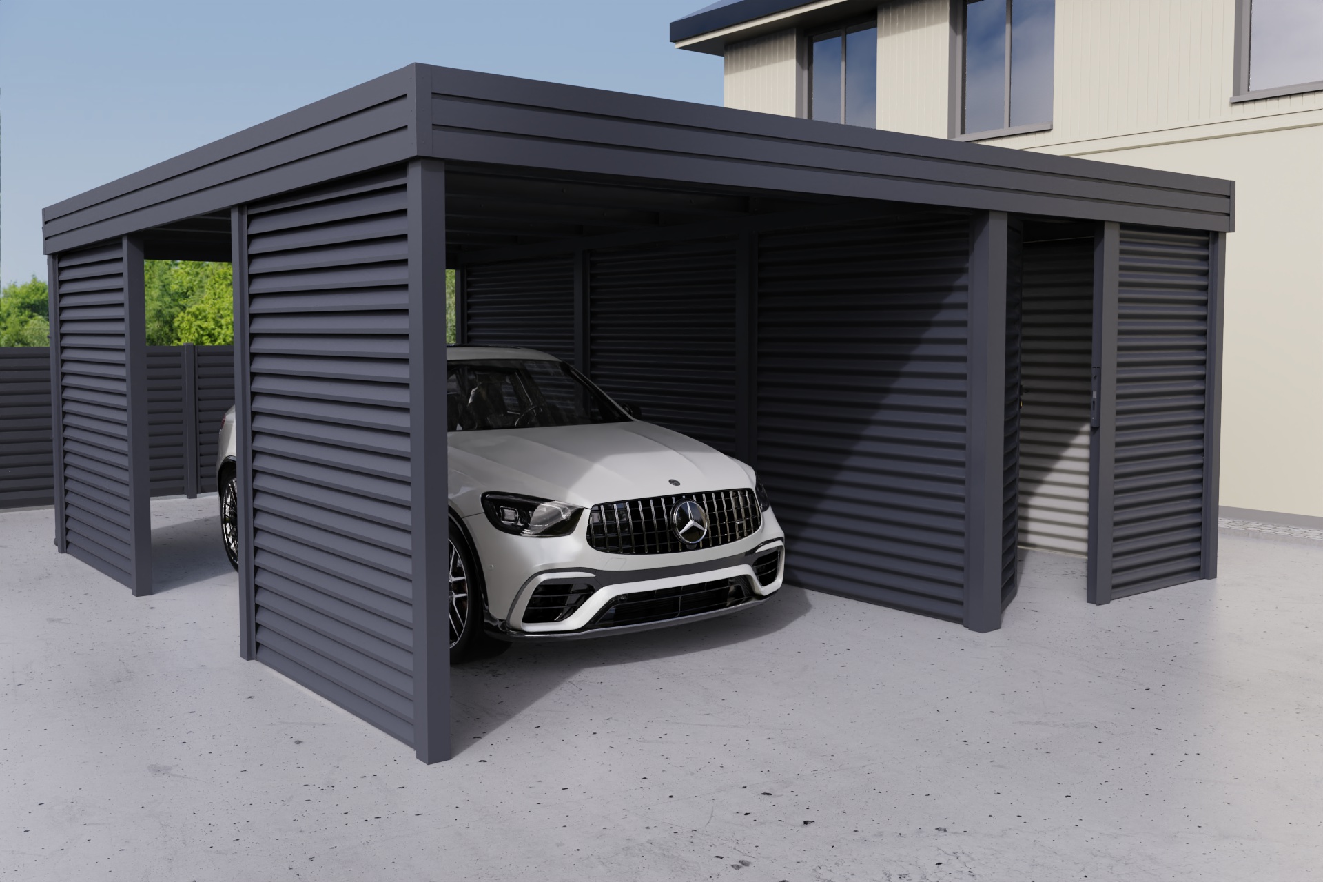  Einzelcarport mit seitlichem Abstellraum
          aus profiliertem Stahl des Typs Wave