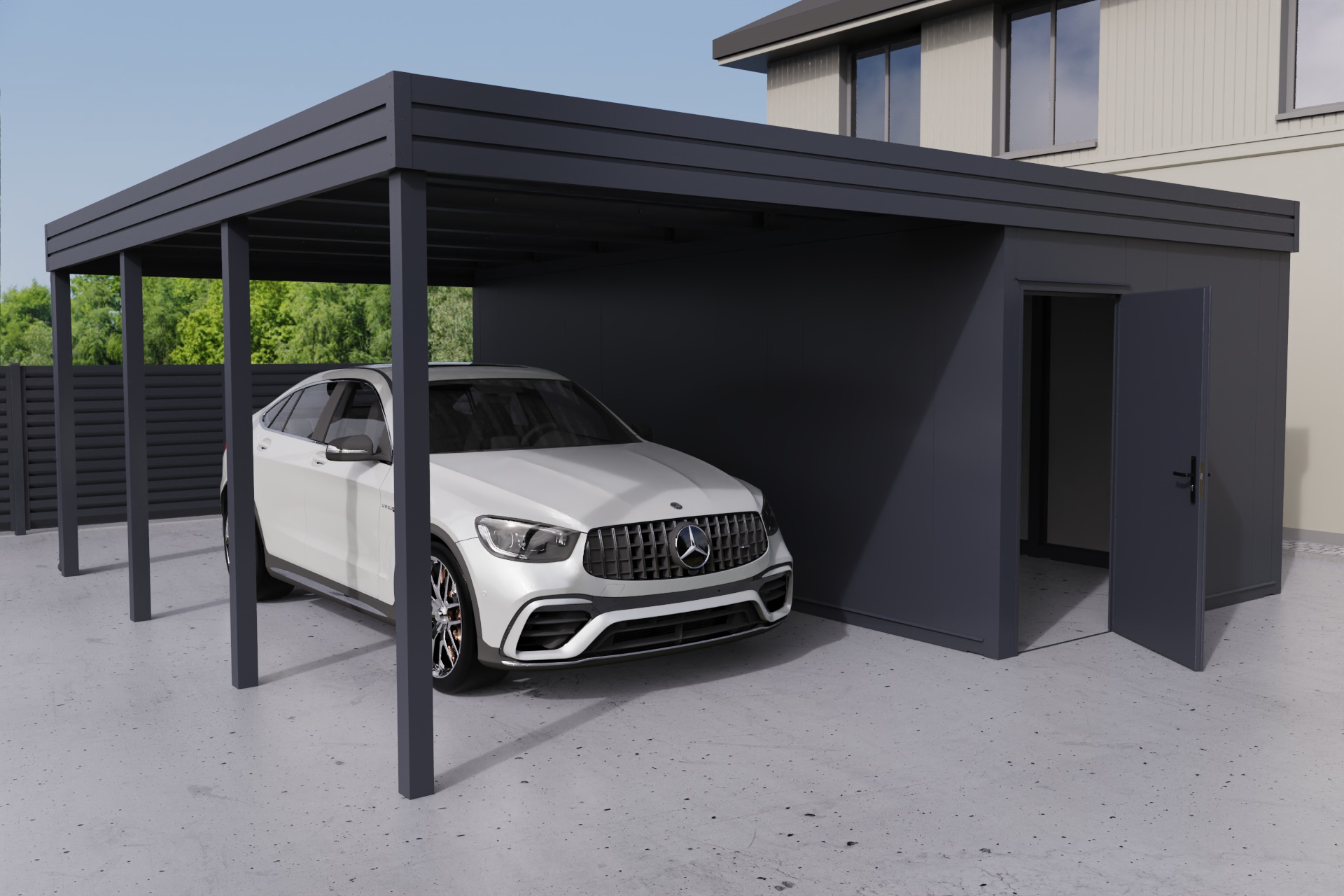 Einzelcarport mit seitlichem Abstellraum - PIR-Panel