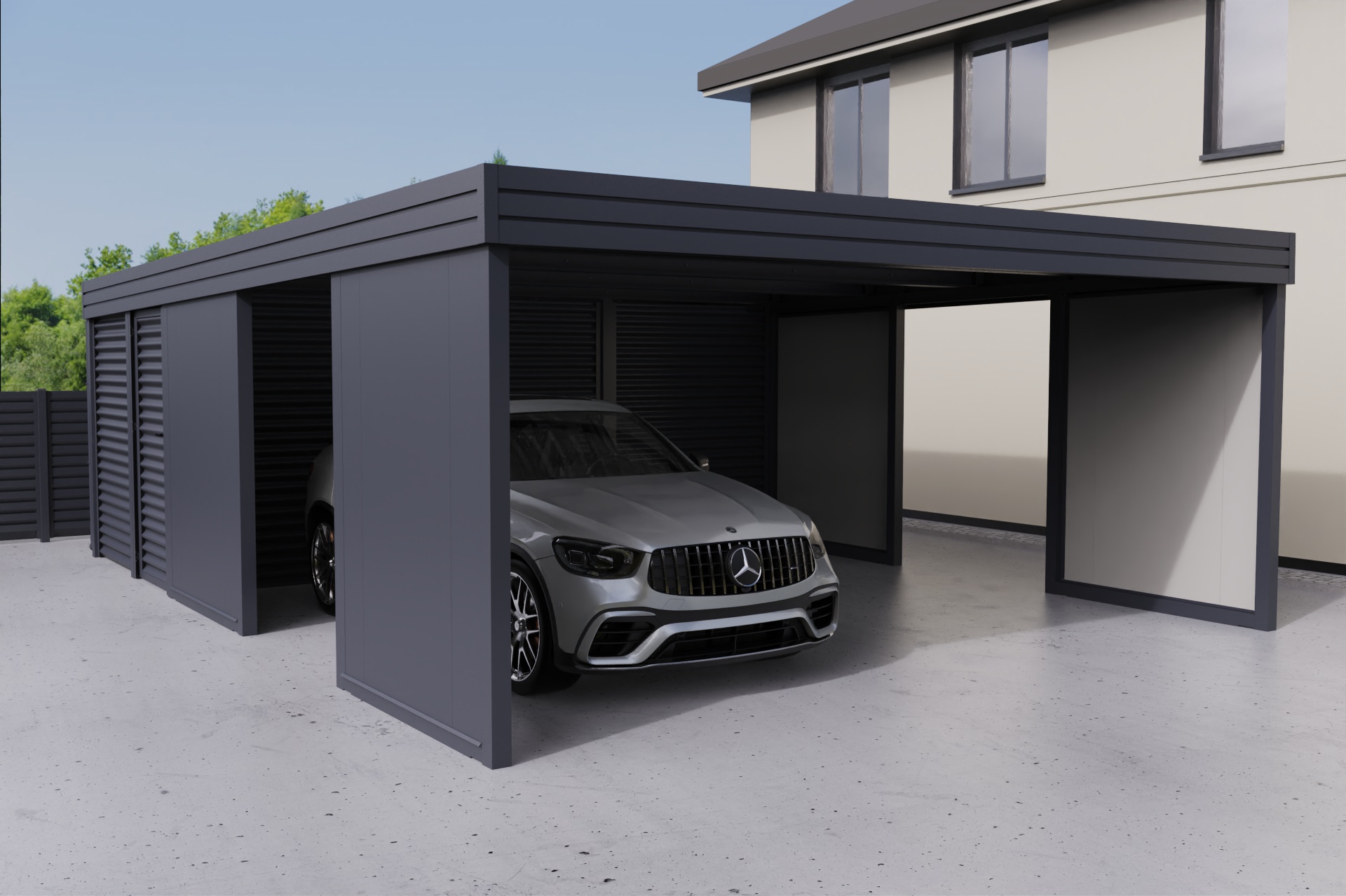 Doppelcarport mit Abstellraum auf der Rückseite
          aus profiliertem Stahl - Wellblech