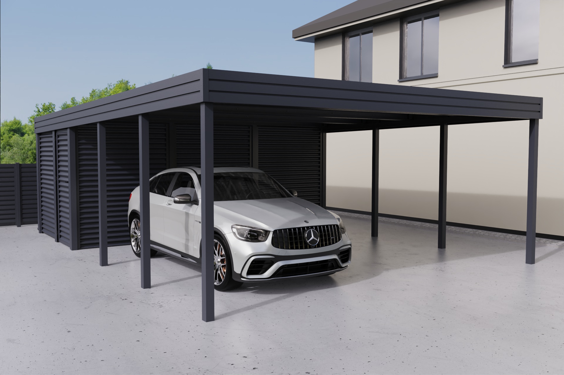 Doppelcarport mit Abstellraum auf der Rückseite
          aus profiliertem Stahl - Wellblech