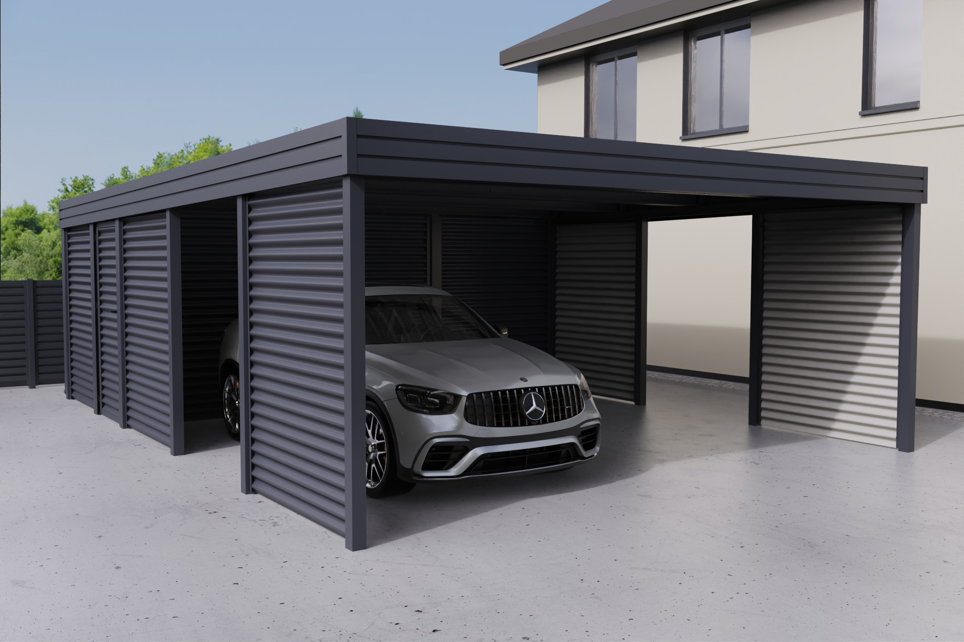 Doppelcarport mit Abstellraum auf der Rückseite
          aus profiliertem Stahl - Wellblech