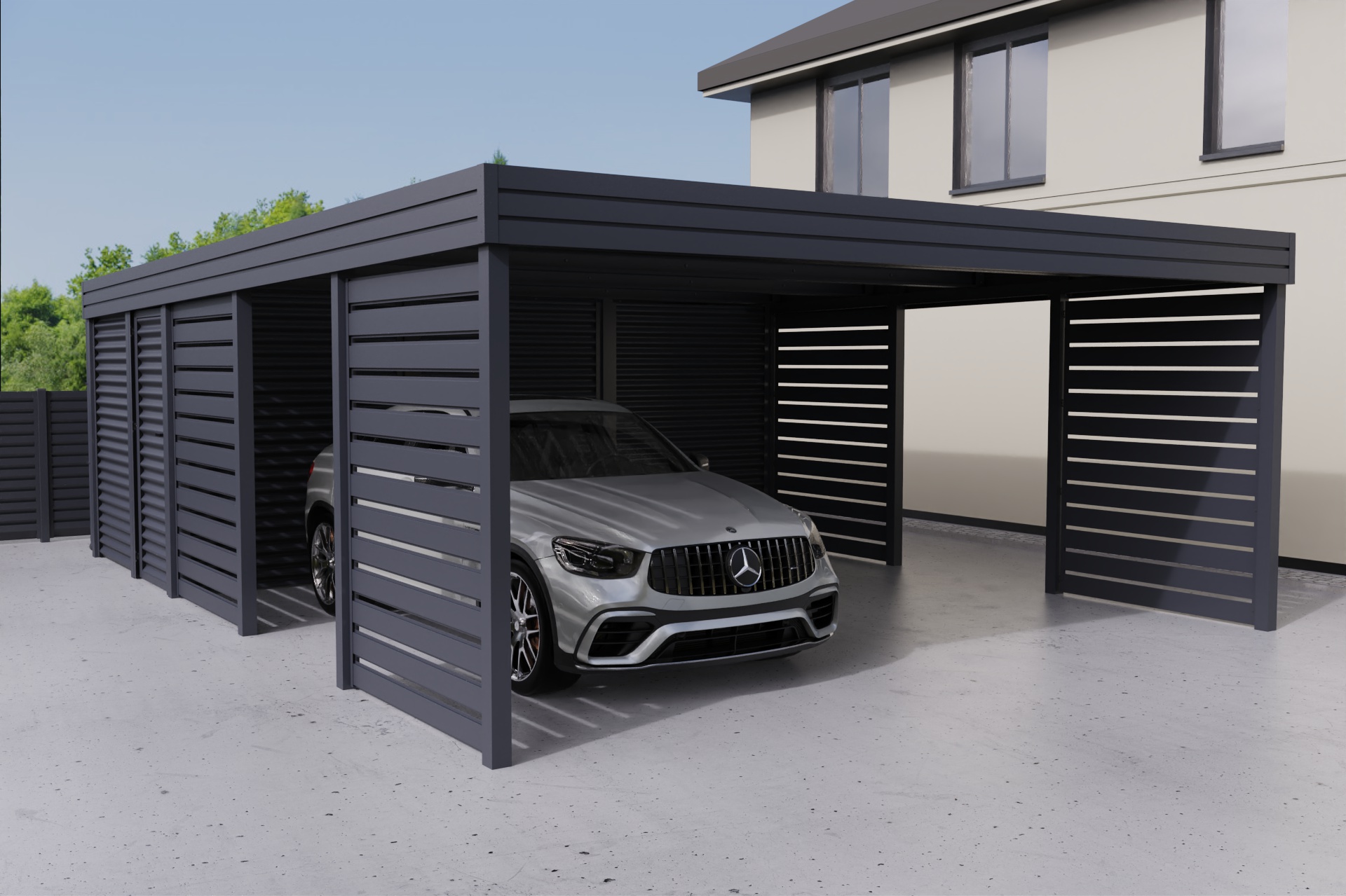 Doppelcarport mit Abstellraum auf der Rückseite
          aus profiliertem Stahl - Wellblech