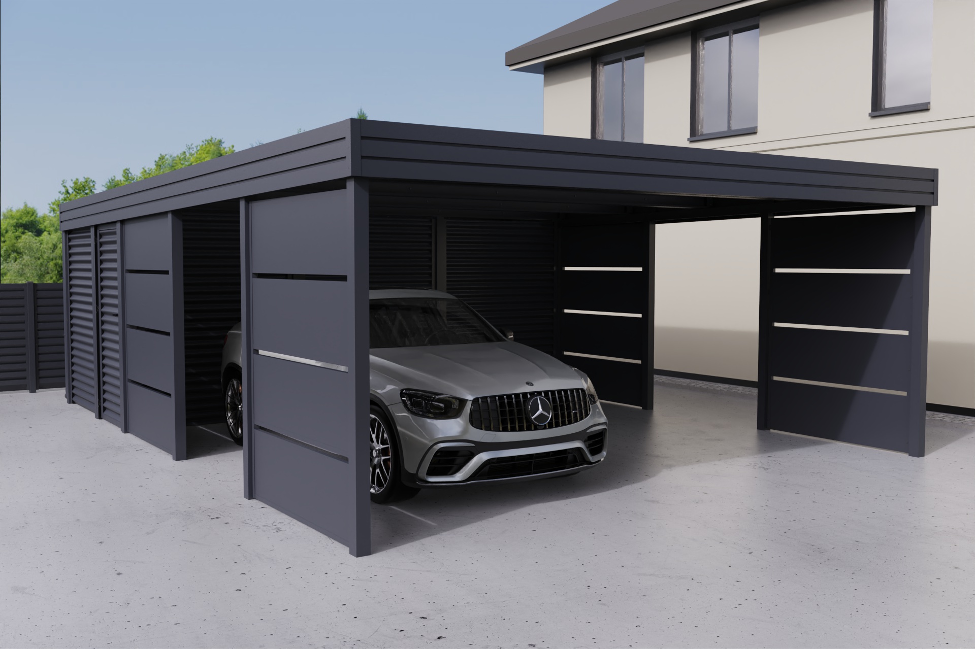 Doppelcarport mit Abstellraum auf der Rückseite
          aus profiliertem Stahl - Wellblech