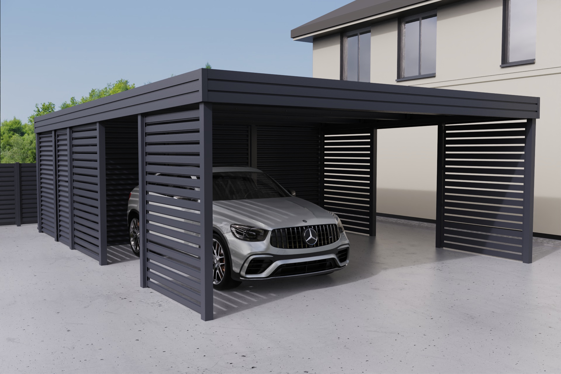 Doppelcarport mit Abstellraum auf der Rückseite
          aus profiliertem Stahl - Wellblech