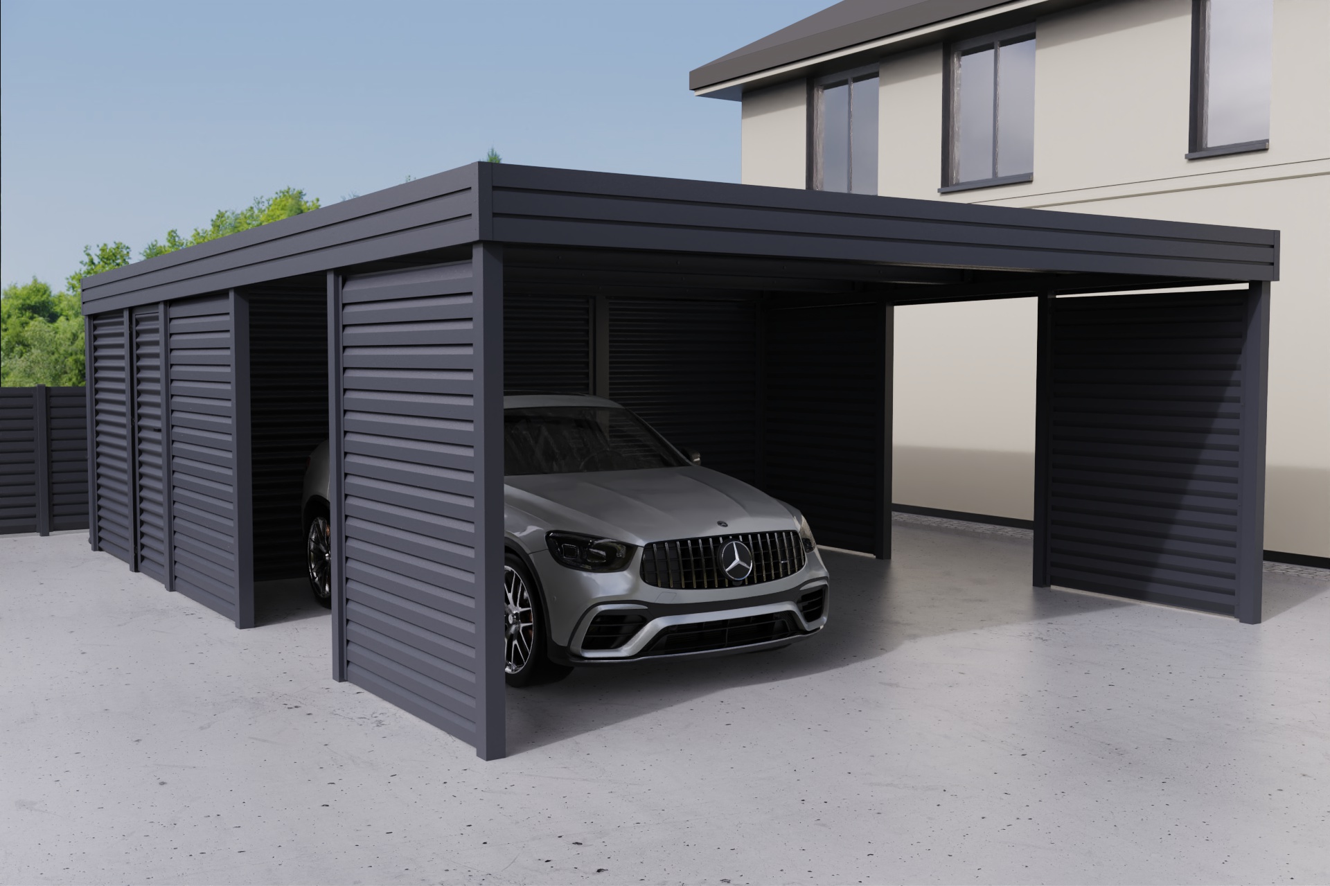 Doppelcarport mit Abstellraum auf der Rückseite
          aus profiliertem Stahl - Wellblech