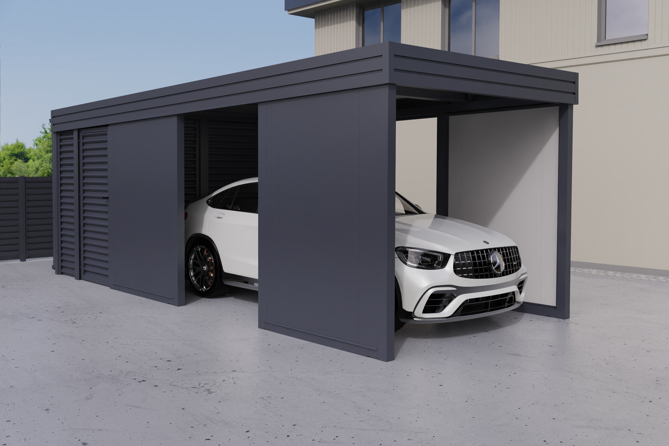 Einzelcarport mit Abstellraum auf der Rückseite <br />
          aus profiliertem Stahl - Wellblech