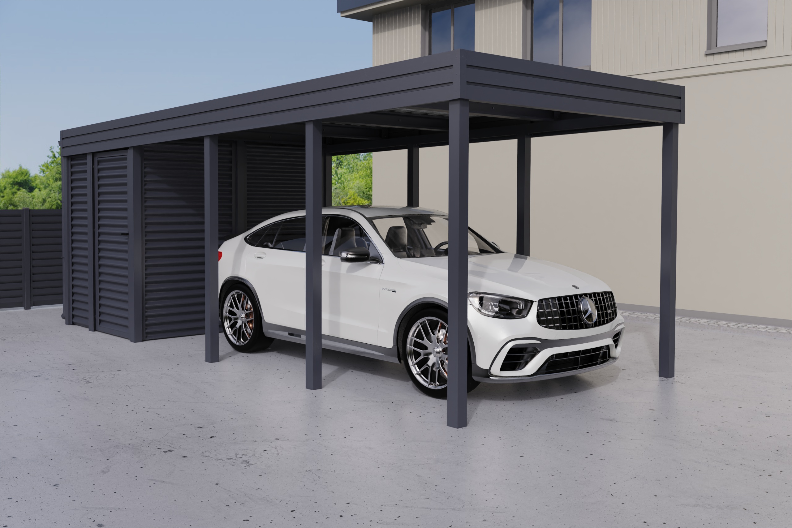 Einzelcarport mit rückseitigem Abstellraum aus Wellblech