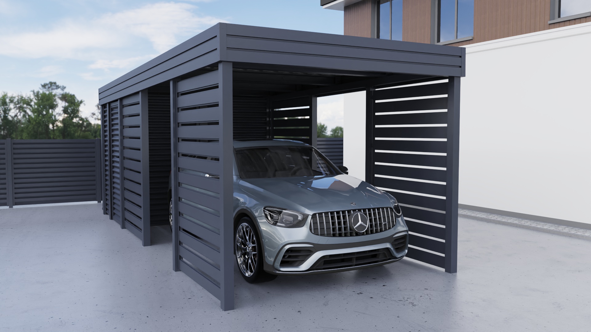 Einzelcarport mit Abstellraum auf der Rückseite
aus profiliertem Stahl - Wellblech