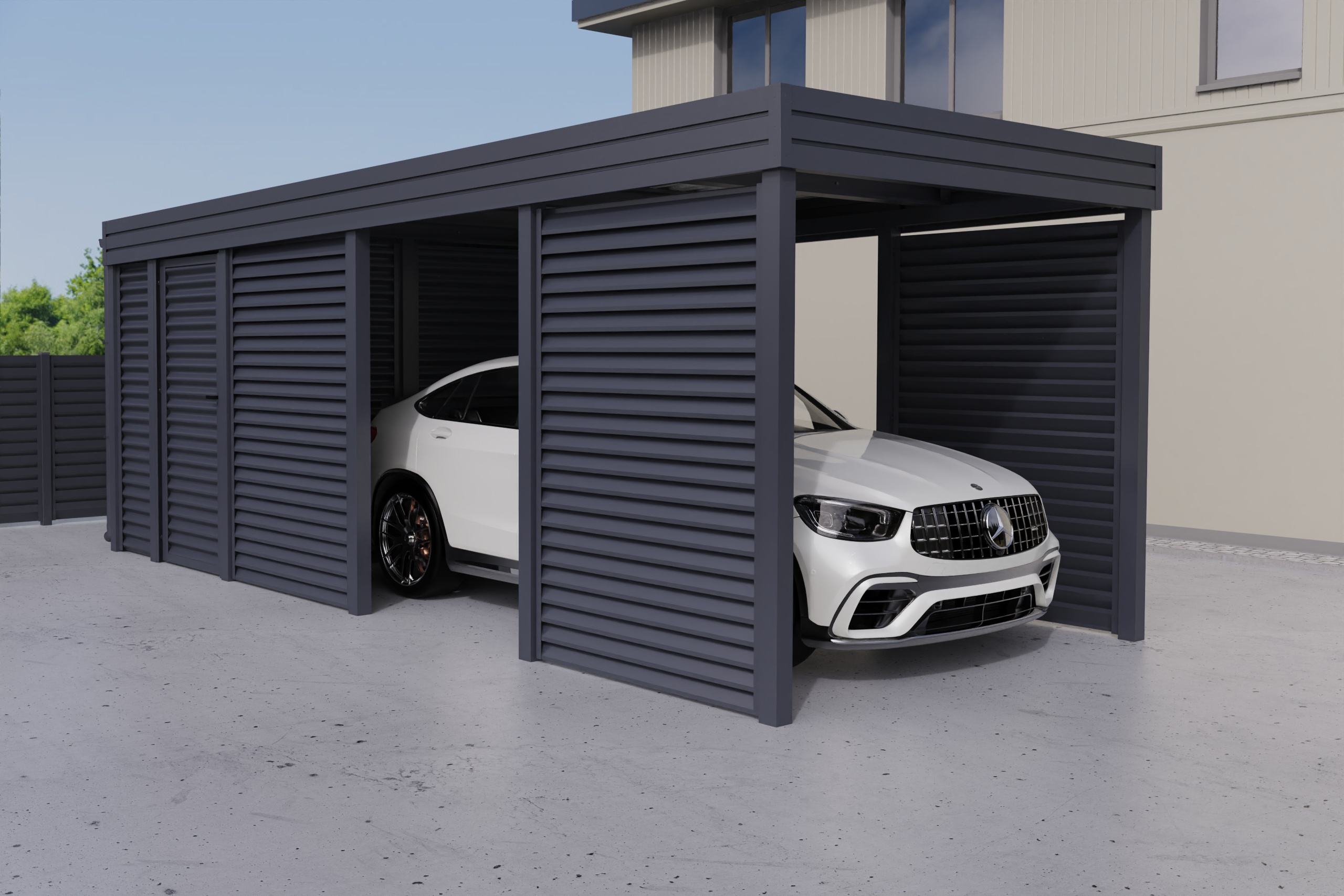 Einzelcarport mit Abstellraum auf der Rückseite
          aus profiliertem Stahl - Wellblech