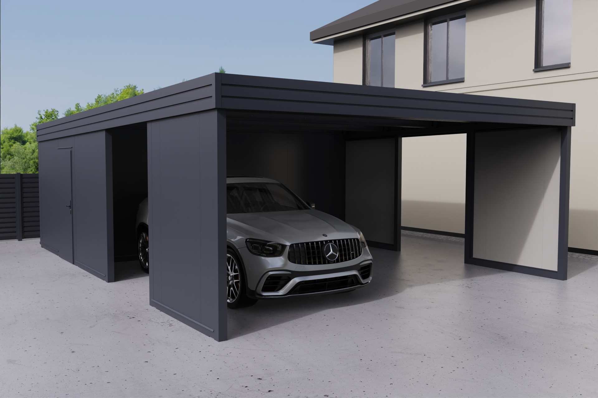 Doppelcarport mit Abstellraum auf der Rückseite - PIR-Panel