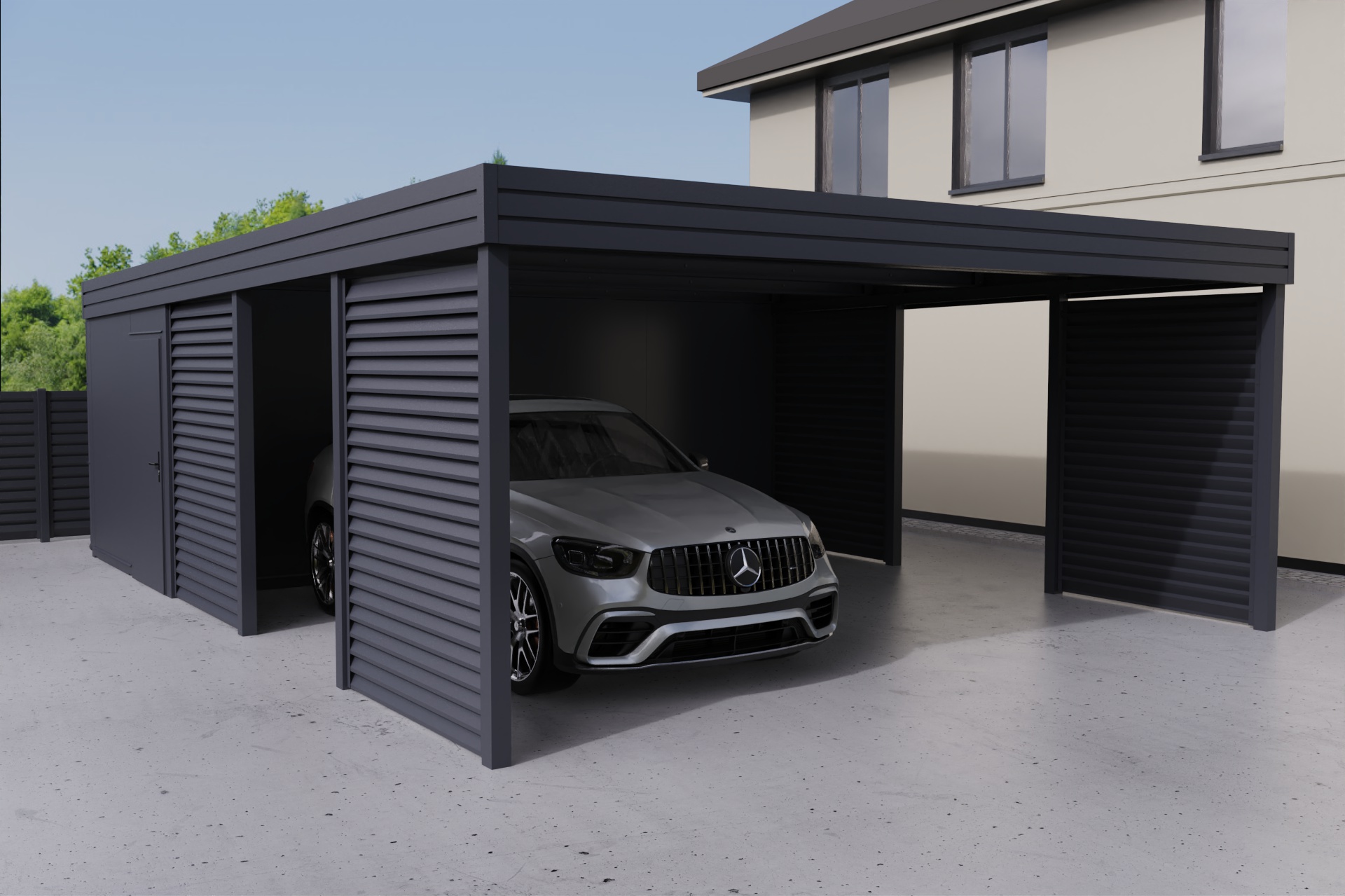 Doppelcarport mit Abstellraum auf der Rückseite - PIR-Panel