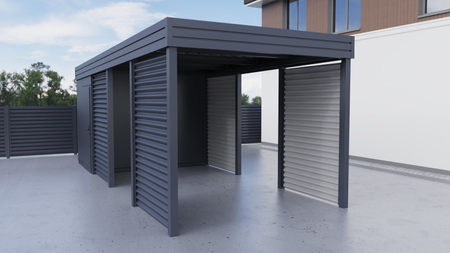 Einzelcarport + Abstellraum auf der Rückseite - PIR - 4x Wellblech Wand