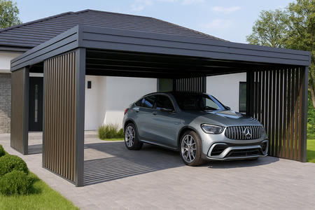 Přístřešek pro dvě auta – 4× stěna Palisáda Tmavý dub svislá