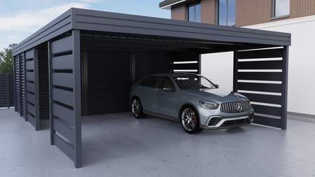 Wiata dwustanowiskowa + pomieszczenie gospodarcze z tyłu FALA - 4x ścianka modern+