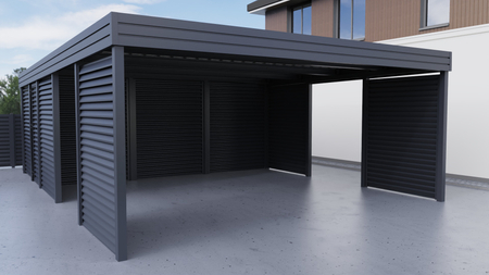 Doppelcarport + Abstellraum auf der Rückseite - Wellblech - 4x Jalousie Wand