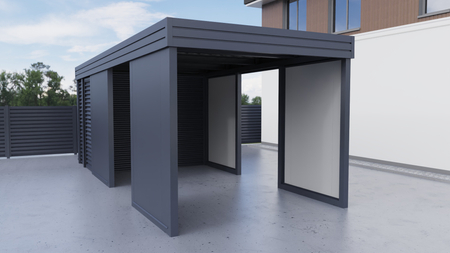 Einzelcarport + Abstellraum auf der Rückseite - Wellblech - 4x PIR Wand