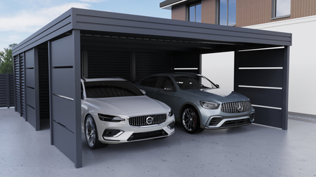 Doppelcarport + Abstellraum auf der Rückseite - Wellblech - 4x Modularwand