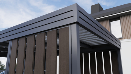 Carport für ein Auto – 4× Seitenwand Modern+, Farbton „Dunkle Eiche“, vertikal