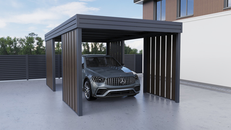 Carport für ein Auto – 4× Seitenwand Modern+, Farbton „Dunkle Eiche“, vertikal