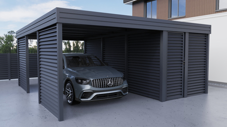 Wiata + pomieszczenie gospodarcze z boku FALA - 2x ścianka żaluzja