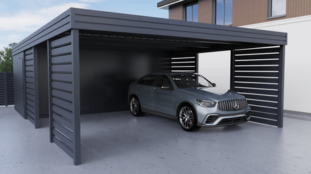 Wiata dwustanowiskowa + pomieszczenie gospodarcze z tyłu PIR - 4x ścianka horyzontal