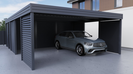 Doppelcarport + Abstellraum auf der Rückseite - Wellblech - 4x Jalousie Wand