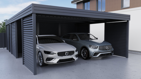 Wiata dwustanowiskowa + pomieszczenie gospodarcze z tyłu FALA - 4x ścianka żaluzja