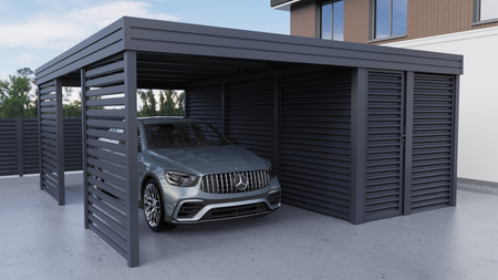 Carport + Abstellraum an der Seite - Wellblech - 2x Palisade Wand