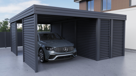 Carport + Abstellraum an der Seite - Wellblech - 2x Jalousie Premium Wand