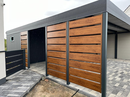 Wiata dwustanowiskowa + pomieszczenie gospodarcze z tyłu PIR - 4x ścianka modern+